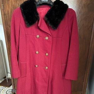 1950’s Vintage Women's Red Double-Breasted Coat with Real Rabbit Fur Collar